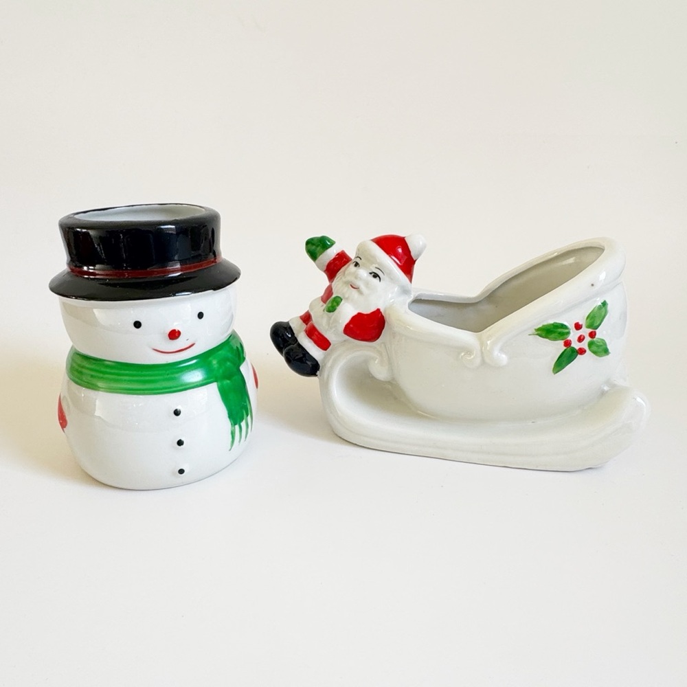 Vintage Christmas Snowman and Santa Sleigh Decor, ceramic candy dish, pen holder
